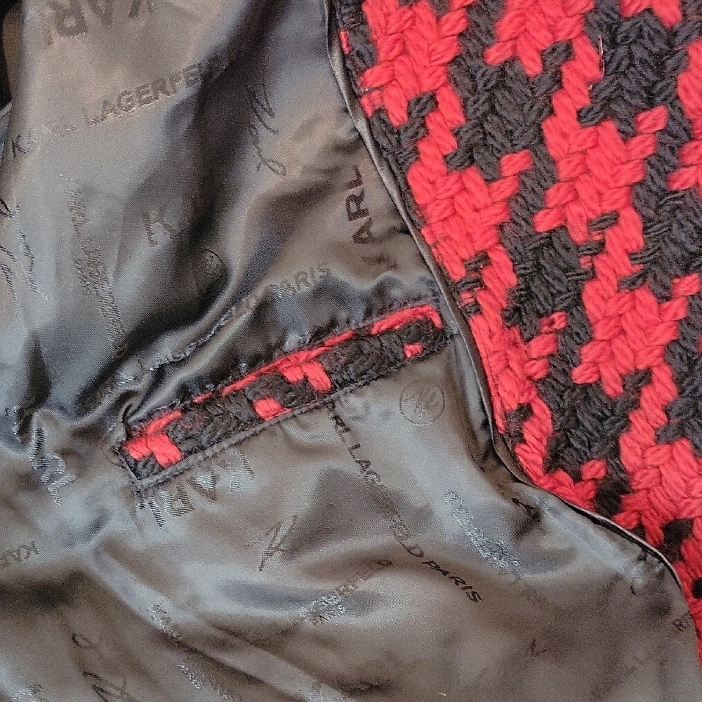 Karl Lagerfeld Red & Black Houndstooth Wool Blend Wrap Coat- LIKE NEW - Picture 11 of 16